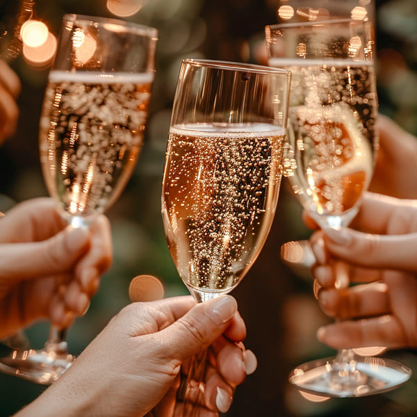 Champagne toast, food and wine