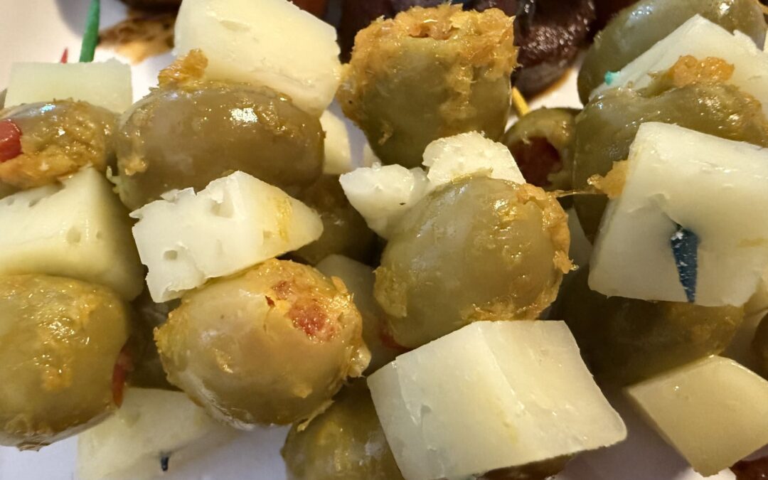 Marinated Spanish Olives with Manchego Skewers